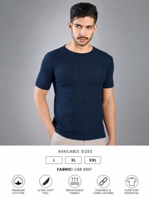 Men's Navy Blue T-Shirt Regular Fit Round Neck Casual Wear