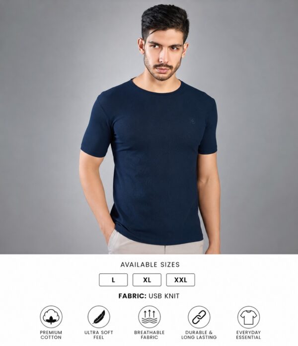 Men's Navy Blue T-Shirt Regular Fit Round Neck Casual Wear
