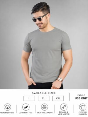 Men's Light Grey T-Shirt | Regular Fit Round Neck Half Sleeve