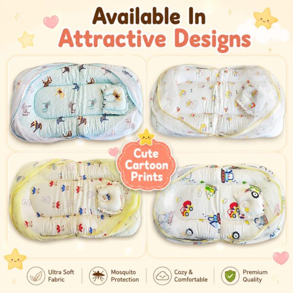 Baby Mosquito Net Bedding Set with Pillow – Soft Blue Printed Baby Sleeping Bed with Protective Net
