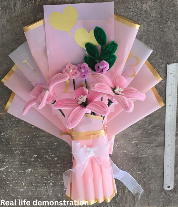 Handmade Pink Lily Flower Bouquet | Friendship Day Forever Flower Gift | Pipe Cleaner Bouquet with Greeting Card