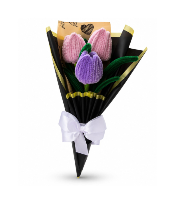 Handmade Pipe Cleaner Tulip Bouquet | 3 Stem Artificial Flower Bouquet with Premium Gift Wrap | Home Decor & Gift