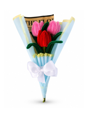 Handmade Pipe Cleaner Tulip Bouquet | 3 Stem Artificial Flower Bouquet with Premium Blue Wrap | Forever Gift & Home Decor