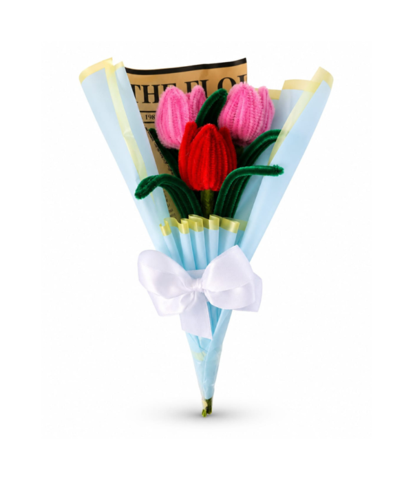 Handmade Pipe Cleaner Tulip Bouquet | 3 Stem Artificial Flower Bouquet with Premium Blue Wrap | Forever Gift & Home Decor
