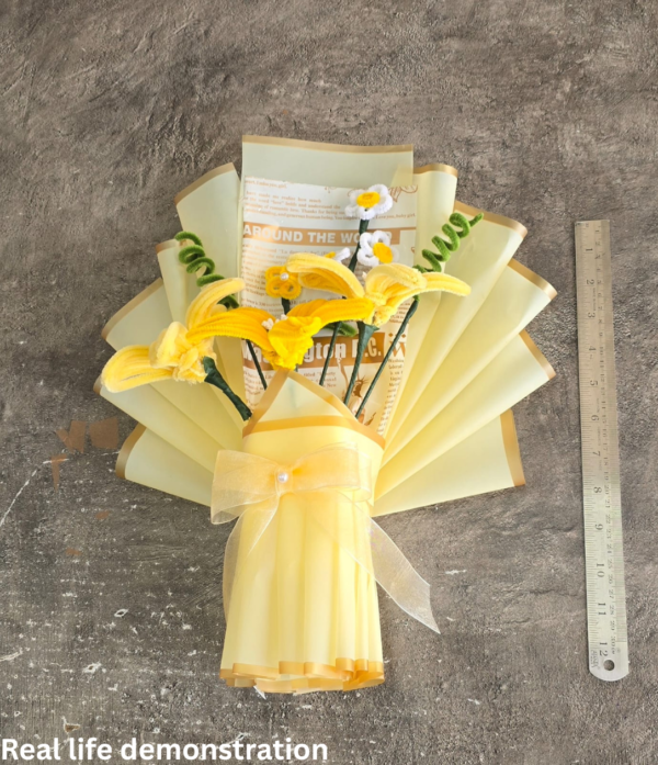 Handmade Pipe Cleaner Lily & Daisy Bouquet | Artificial Forever Flower Bouquet with Premium Cream Wrapping | Home Decor & Gift