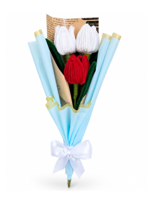 Handmade Pipe Cleaner Tulip Bouquet | 3 Stem Artificial Flower Bouquet with Premium Blue Gift Wrap | White & Red Forever Flowers
