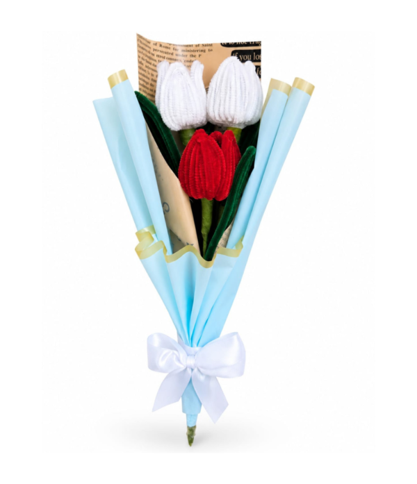 Handmade Pipe Cleaner Tulip Bouquet | 3 Stem Artificial Flower Bouquet with Premium Blue Gift Wrap | White & Red Forever Flowers