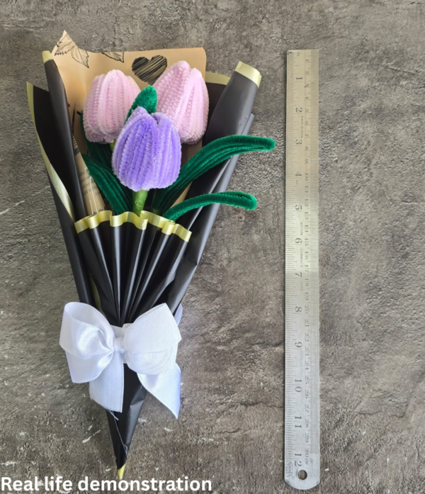 Handmade Pipe Cleaner Tulip Bouquet | 3 Stem Artificial Flower Bouquet with Premium Gift Wrap | Home Decor & Gift