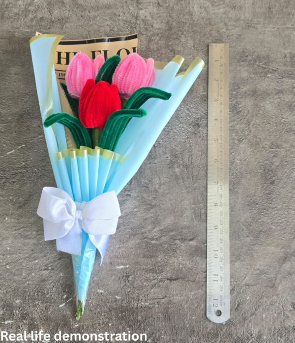 Handmade Pipe Cleaner Tulip Bouquet | 3 Stem Artificial Flower Bouquet with Premium Blue Wrap | Forever Gift & Home Decor