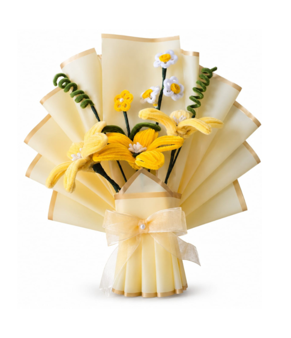 Handmade Pipe Cleaner Lily & Daisy Bouquet | Artificial Forever Flower Bouquet with Premium Cream Wrapping | Home Decor & Gift