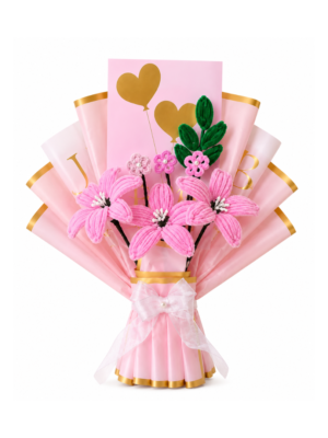 Handmade Pink Lily Flower Bouquet | Friendship Day Forever Flower Gift | Pipe Cleaner Bouquet with Greeting Card