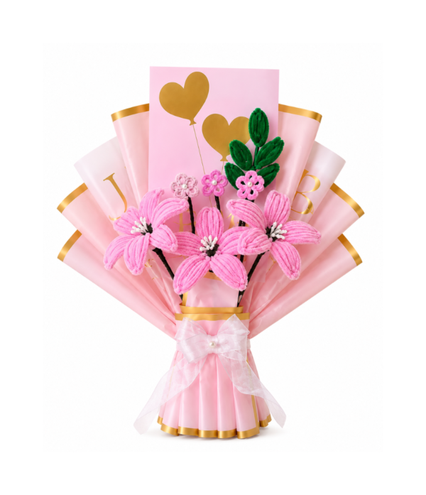 Handmade Pink Lily Flower Bouquet | Friendship Day Forever Flower Gift | Pipe Cleaner Bouquet with Greeting Card