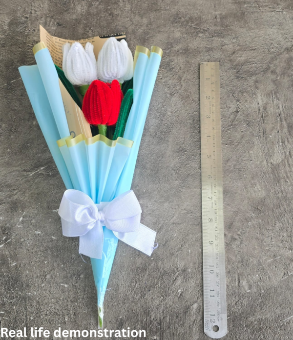 Handmade Pipe Cleaner Tulip Bouquet | 3 Stem Artificial Flower Bouquet with Premium Blue Gift Wrap | White & Red Forever Flowers