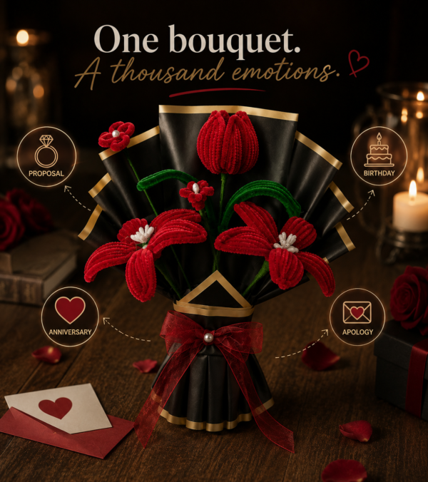 Handmade Red Pipe Cleaner Flower Bouquet | Chenille Flower Bouquet Gift for Anniversary, Valentine's Day & Special Occasions