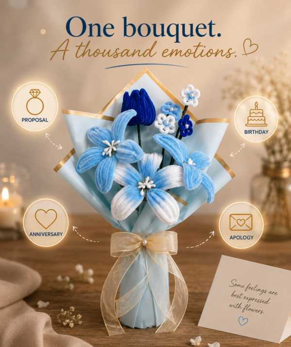 Handmade Blue Pipe Cleaner Flower Bouquet | DIY Chenille Flower Bouquet Gift for Birthday, Anniversary & Special Occasions