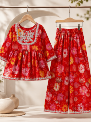 Girls Floral Printed Embroidered Gharara Set | Kids Ethnic Kurti with Gharara Palazzo Set | Festive Party Wear