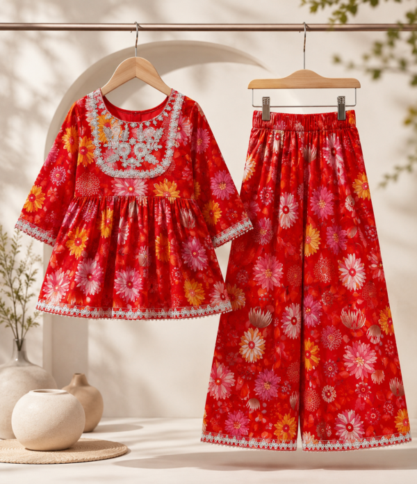 Girls Floral Printed Embroidered Gharara Set | Kids Ethnic Kurti with Gharara Palazzo Set | Festive Party Wear