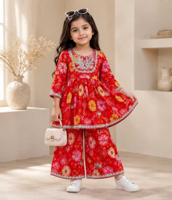 Girls Floral Printed Embroidered Gharara Set | Kids Ethnic Kurti with Gharara Palazzo Set | Festive Party Wear