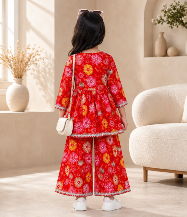 Girls Floral Printed Embroidered Gharara Set | Kids Ethnic Kurti with Gharara Palazzo Set | Festive Party Wear