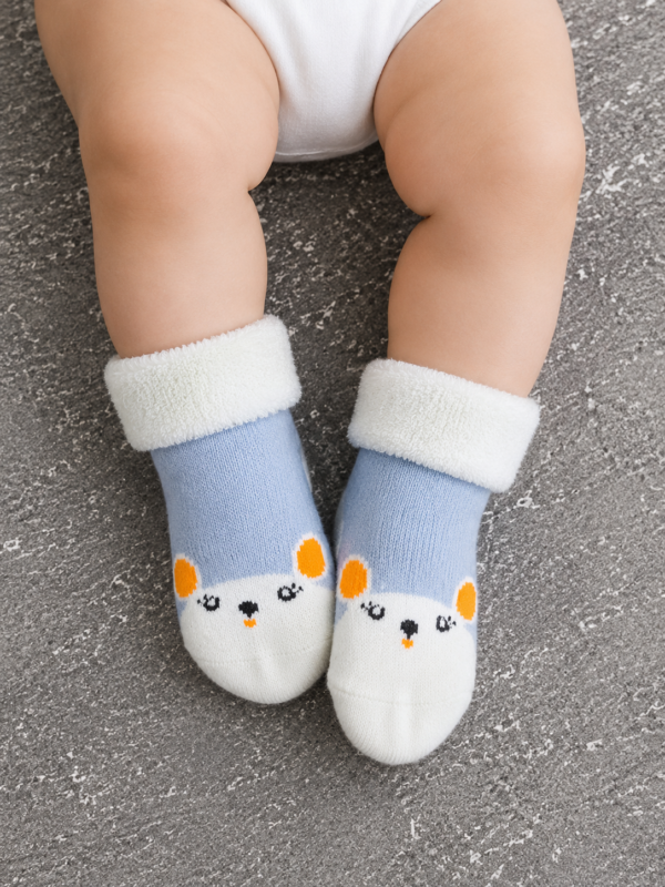 Pack of 4 Baby Winter Fleece Socks | Soft Warm Anti-Slip Cartoon Infant Socks for Boys & Girls