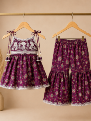 Girls Floral Printed Gharara Set with Embroidered Yoke | Sleeveless Ethnic Kurti & Gharara set