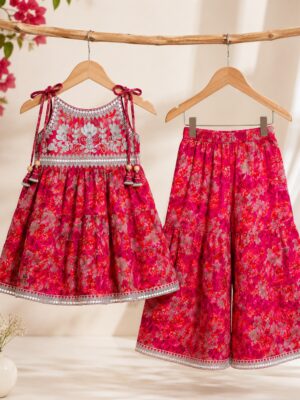 Girls Floral Printed Sleeveless Gharara Set | Embroidered Ethnic Kurti with Palazzo | Kids Festive & Party Wear